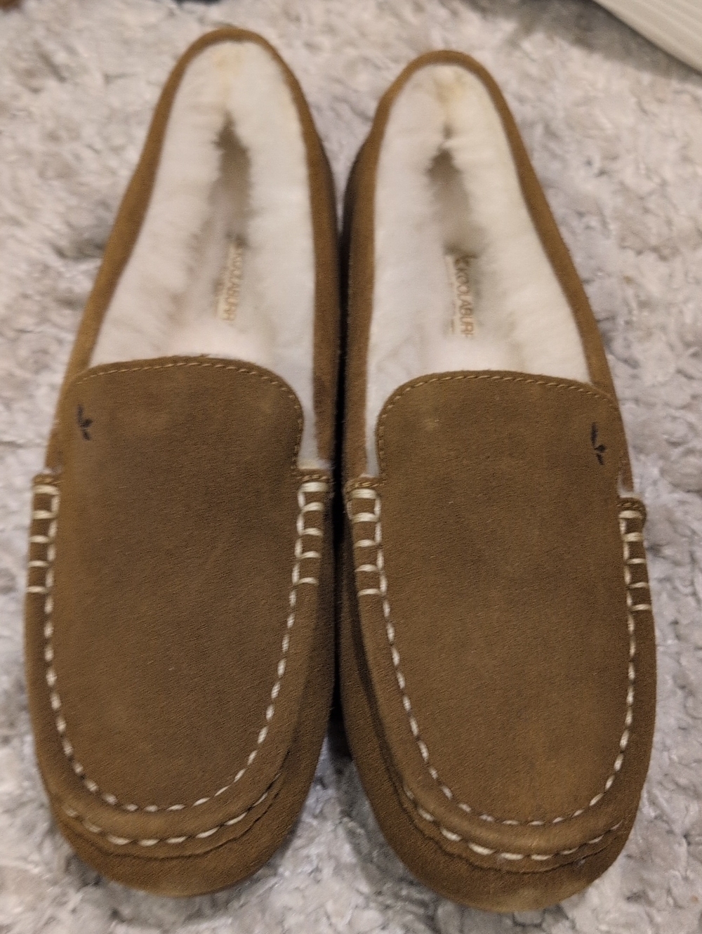 Koolaburra by Ugg Brown Suede Moccasin Slippers with White Faux Fur Lining